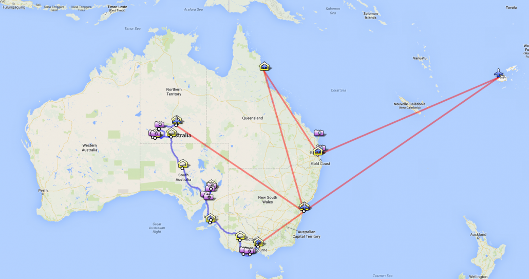 Rough Plan for the Australia / Fiji Holiday in January and February 2014 – 10 Flights in 7 Weeks.